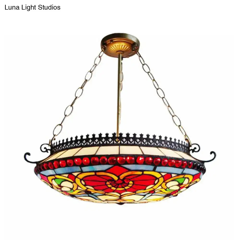 Red Glass Bowl Chandelier with stained glass shade and brass chain suspension by Decorbites on Tampa Home & Garden Store