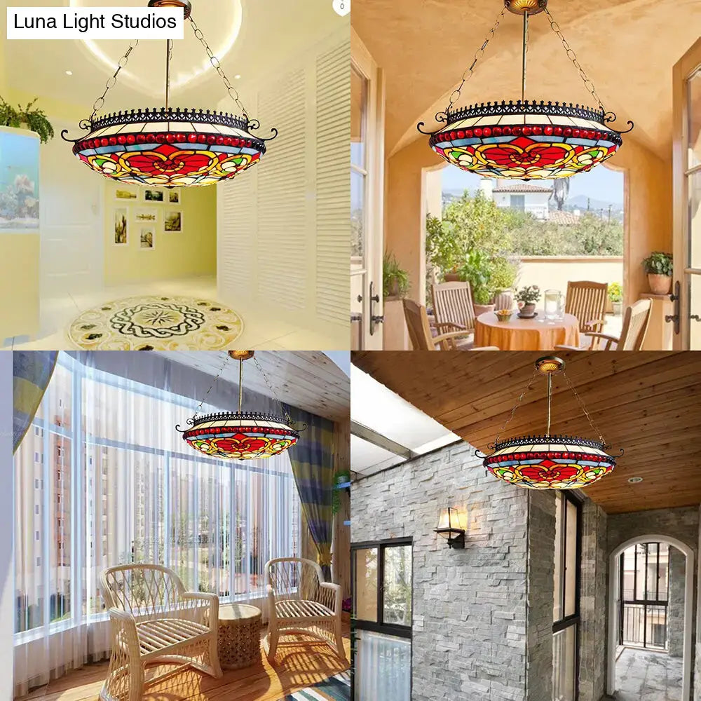 Red Glass Bowl Chandelier with stained glass shade and black metal frame, 4-view collage on Tampa Home & Garden Store