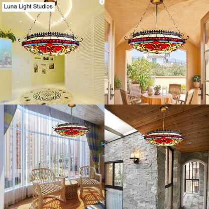 Red Glass Bowl Chandelier with stained glass shade and black metal frame, 4-view collage on Tampa Home & Garden Store