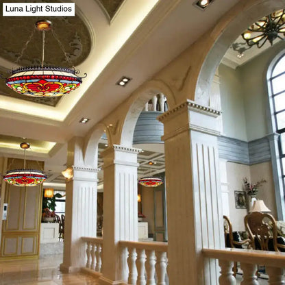 Red Glass Bowl Chandelier by Decorbites, set of 3 in a grand hotel lobby with ornate arches on Tampa Home & Garden Store