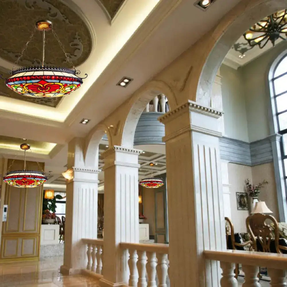 Red Glass Bowl Chandelier by Decorbites, three stained-glass bowl pendants in a grand foyer on Tampa Home & Garden Store