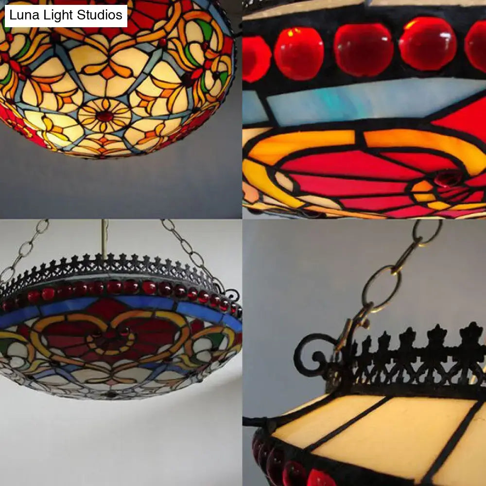 Red Glass Bowl Chandelier with multicolor stained glass panels and ornate iron frame on Tampa Home & Garden Store