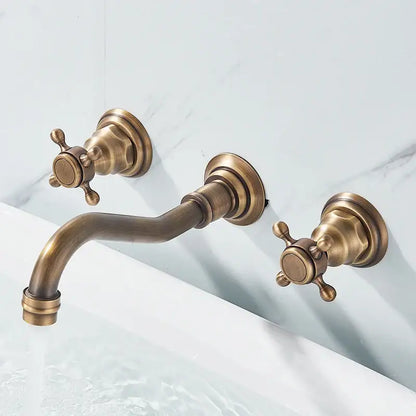 Antique brass wall-mounted bathroom sink faucet with cross handles by Decorbites on Tampa Home & Garden Store