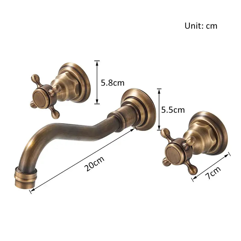 Antique Brass Wall Faucet with dual cross handles and curved spout for bathroom sink, Decorbites on Tampa Home & Garden Store