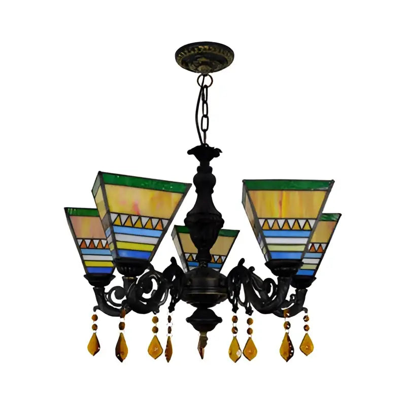 Stained Glass Chandelier Light by Decorbites; black ornate frame with five shades and crystals on Tampa Home & Garden Store