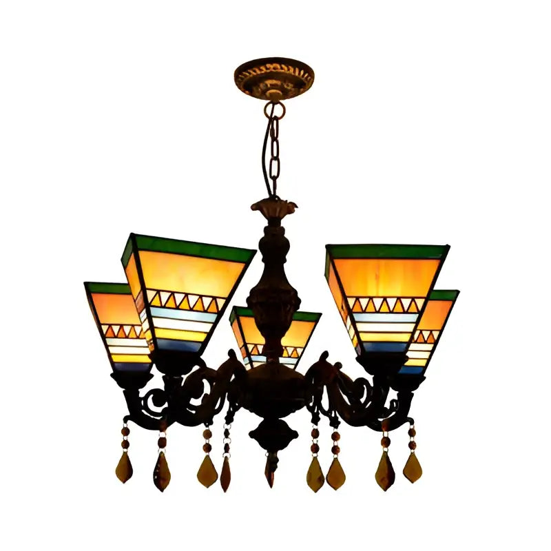 Stained Glass Chandelier Light five-light with amber-green shades and crystal drops Decorbites on Tampa Home & Garden Store