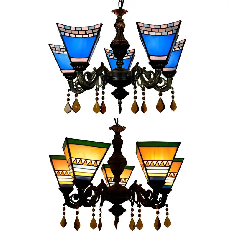 Stained Glass Chandelier Light pair with blue and amber shade panels, crystal drops Decorbites on Tampa Home & Garden Store