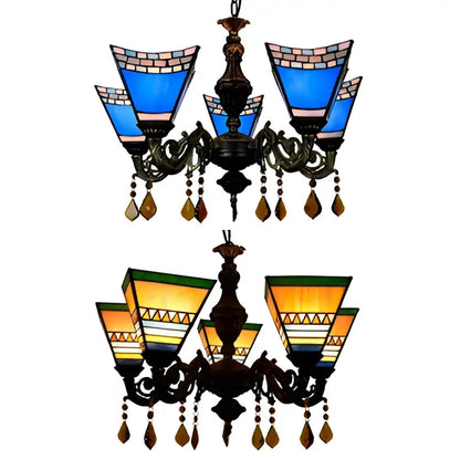 Stained Glass Chandelier Light blue and amber shades, dual fixtures on Tampa Home & Garden Store on Tampa Home & Garden Store