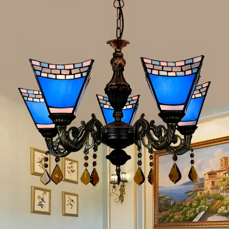 Stained Glass Chandelier Light by Decorbites, blue Tiffany-style shades fivearm crystals on Tampa Home & Garden Store