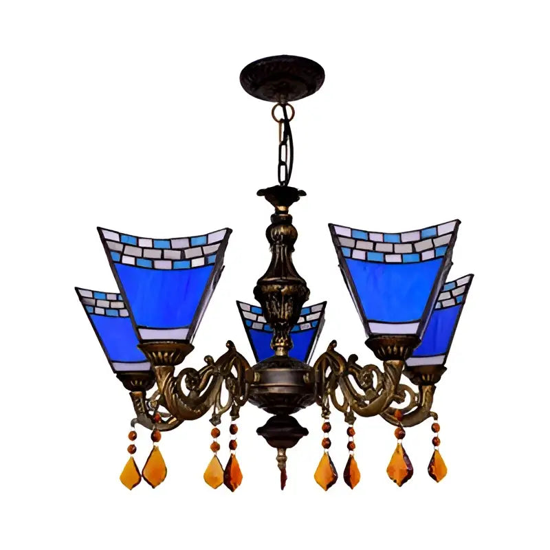 Stained Glass Chandelier Light with blue glass shades, bronze frame, amber crystals Decorbites on Tampa Home & Garden Store