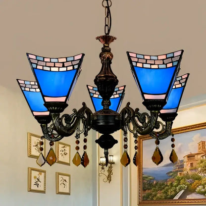 Stained Glass Chandelier Light by Decorbites, blue mosaic shades, bronze frame and crystals on Tampa Home & Garden Store