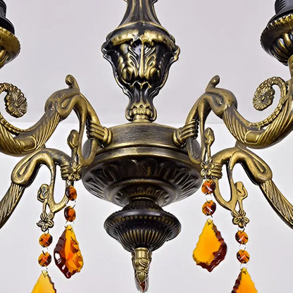 Stained Glass Chandelier Light bronze with amber crystal drops and ornate arms on Tampa Home & Garden Store