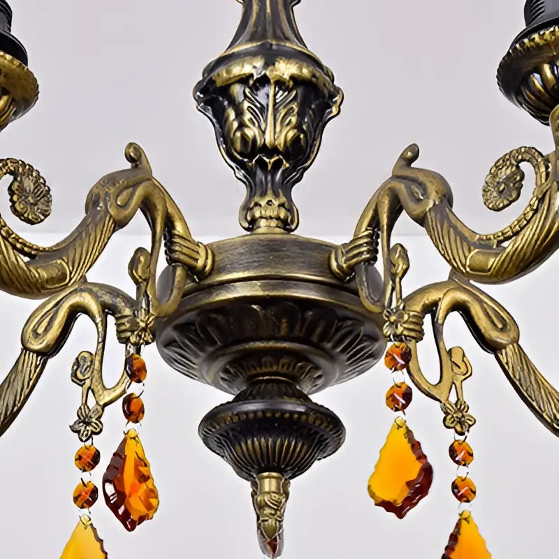 Stained Glass Chandelier Light by Decorbites, antique bronze metal with amber crystal drops on Tampa Home & Garden Store