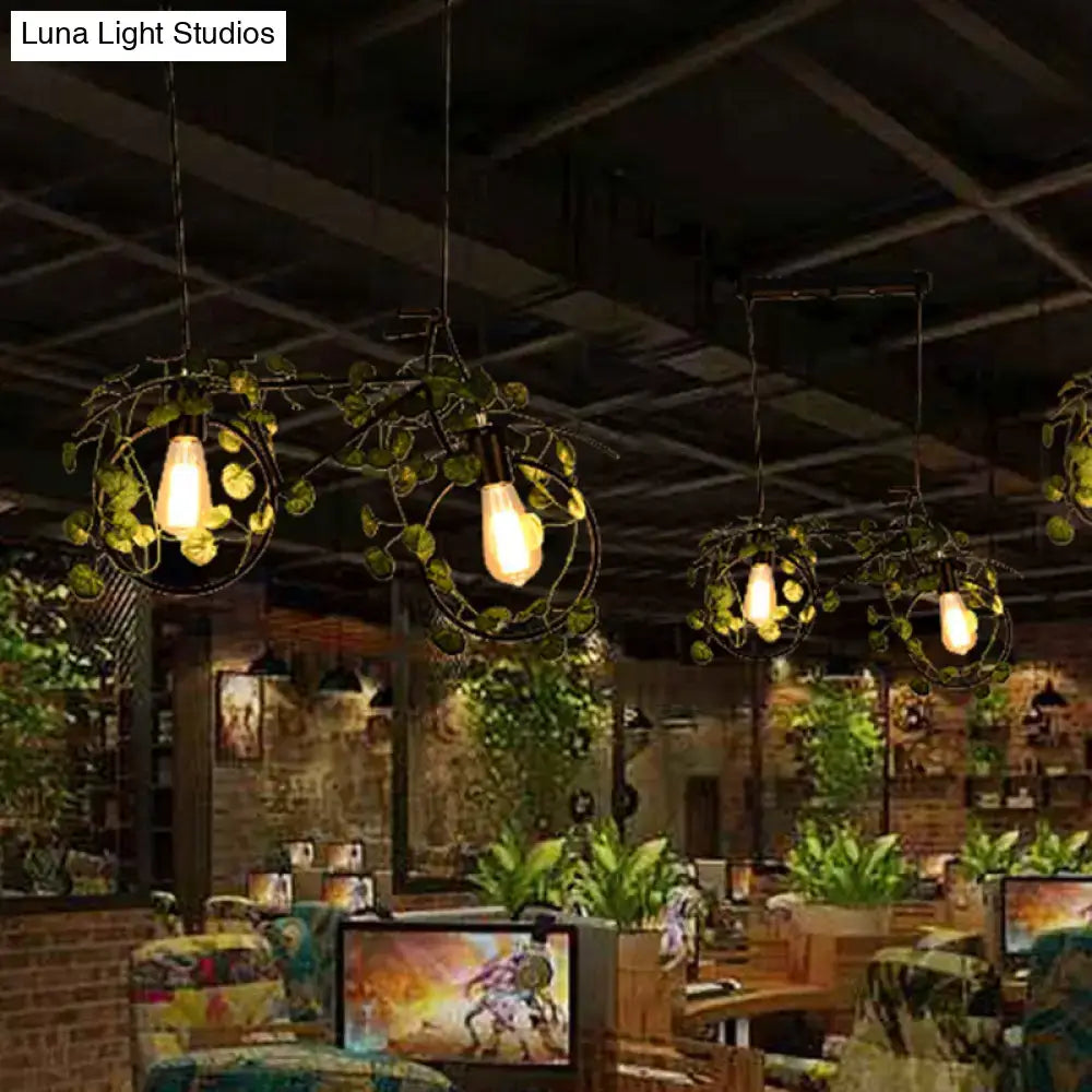 Black bicycle ceiling light fixtures with circular metal frames and vines, 3 units Decorbites on Tampa Home & Garden Store