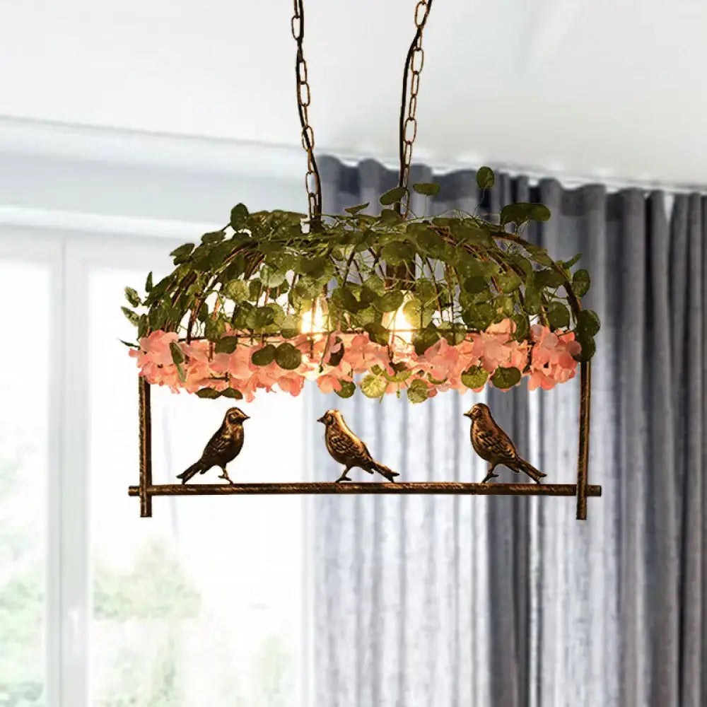 Brass birdcage ceiling light with greenery and pink flowers, three birds Decorbites flush mount on Tampa Home & Garden Store