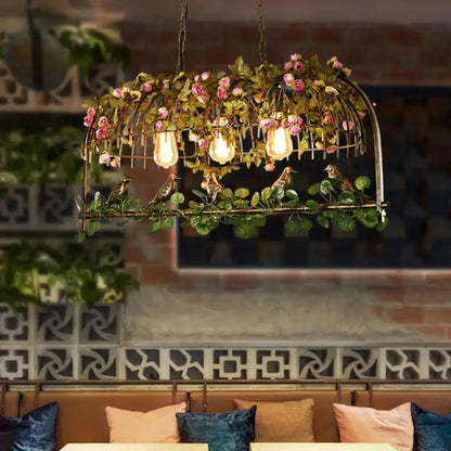 Brass birdcage ceiling light by Decorbites with pink flowers and vines, 3 bulbs, flush mount on Tampa Home & Garden Store