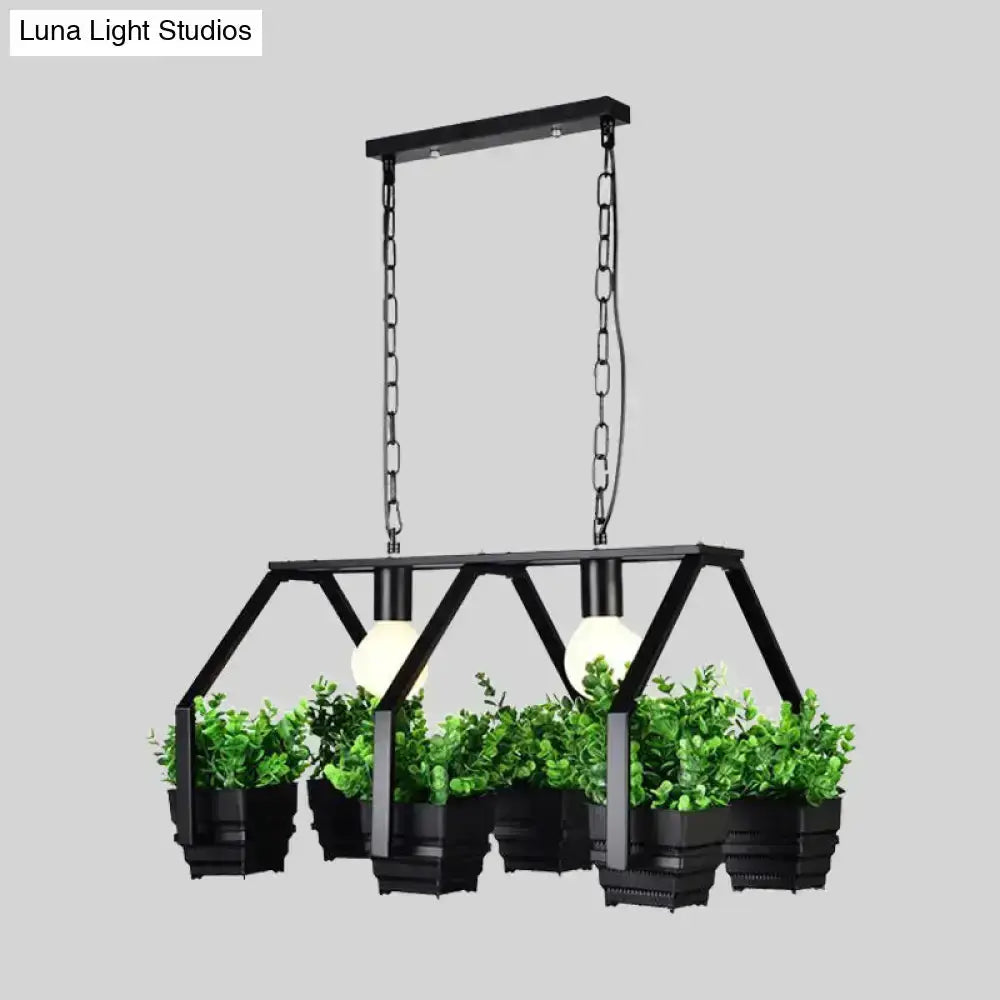 Retro white LED island light with black metal frame and planter pots for dining room on Tampa Home & Garden Store