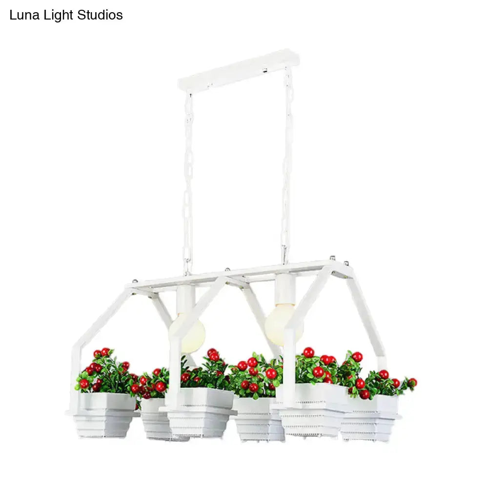 Retro white LED island ceiling light with six planter pots, greenery and red berries for dining room on Tampa Home & Garden Store
