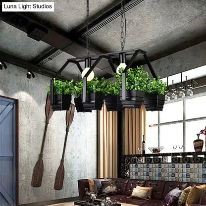 Retro white LED island light with planters, black metal frame, hanging chain over dining on Tampa Home & Garden Store