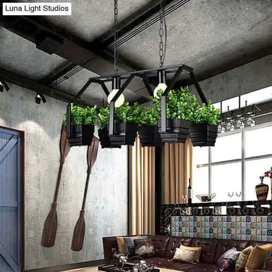 Retro white LED island light with planters, black metal frame, hanging chain over dining on Tampa Home & Garden Store