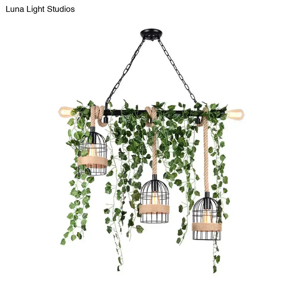 Metal Ivy Island Light pendant by Decorbites: three black cage pendants with rope wraps and ivy on Tampa Home & Garden Store