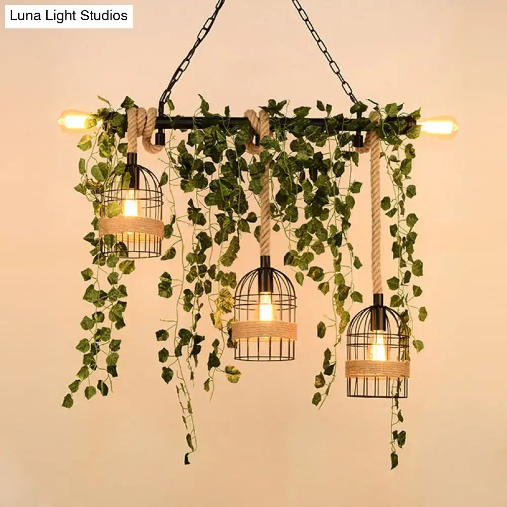 Metal Ivy Island Light pendant with 3 wire cage lamps wrapped in jute rope and ivy on Tampa Home & Garden Store