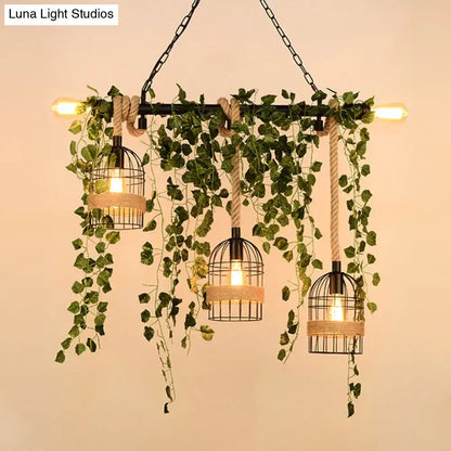 Metal Ivy Island Light pendant with 3 wire cage lamps wrapped in jute rope and ivy on Tampa Home & Garden Store