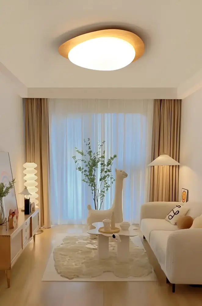 Walnut oval acrylic ceiling light flush mount with warm white glow in modern living room on Tampa Home & Garden Store