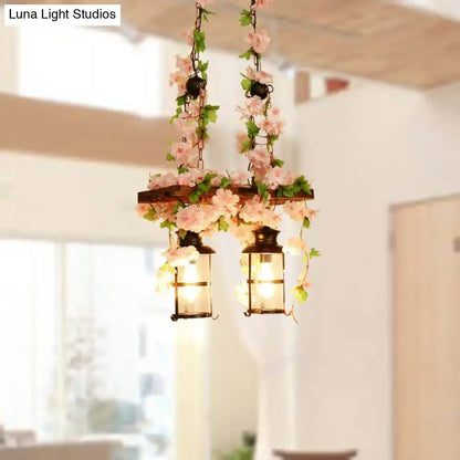Wooden Ivy Ceiling Light flush mount with two lantern bulbs, pink floral vines Decorbites on Tampa Home & Garden Store