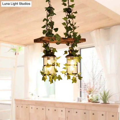 Wooden Ivy Ceiling Light flush mount with two green ivy-wrapped lantern bulbs by Decorbites on Tampa Home & Garden Store