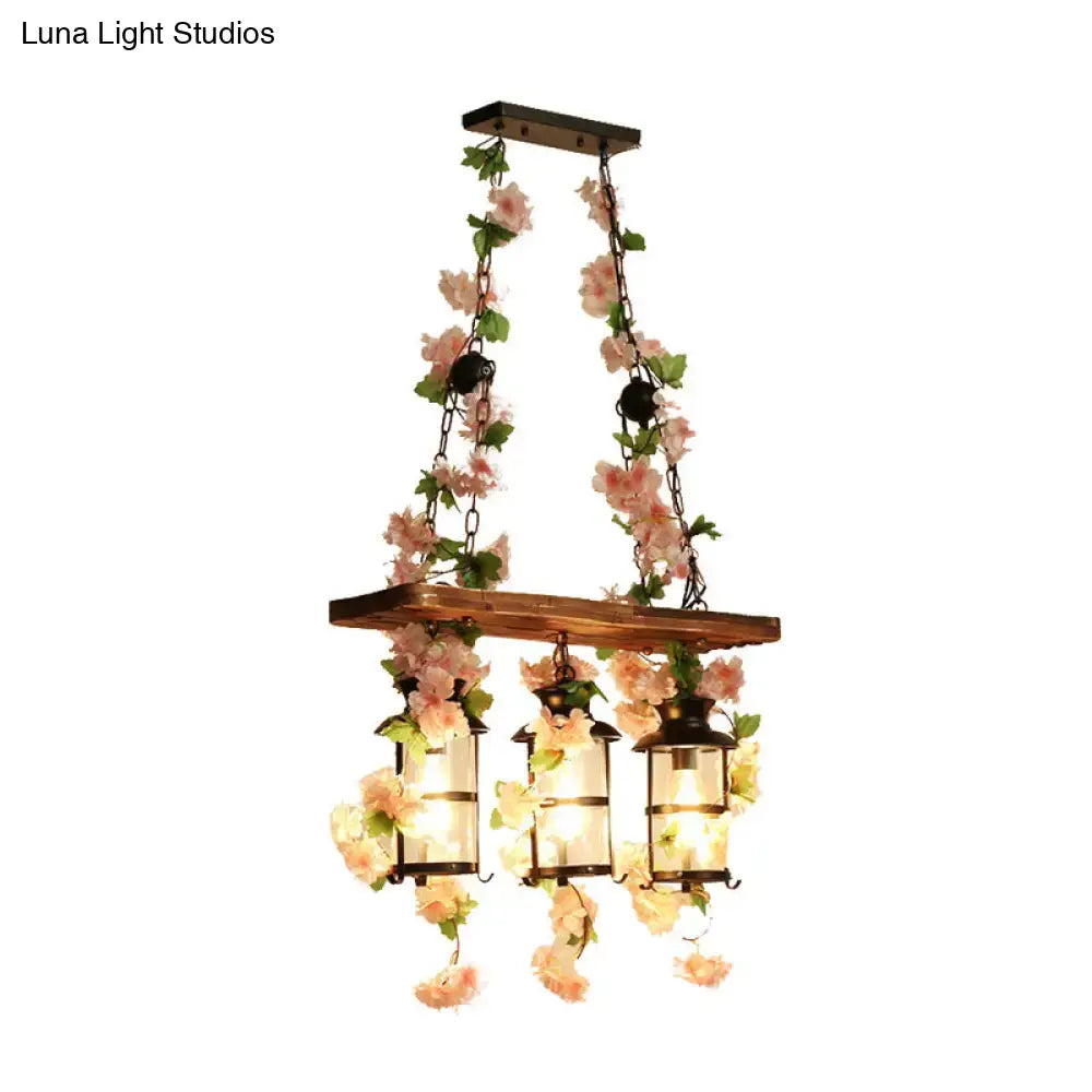 Wooden Ivy Ceiling Light by Decorbites; rustic flush mount with three lanterns and pink ivy on Tampa Home & Garden Store