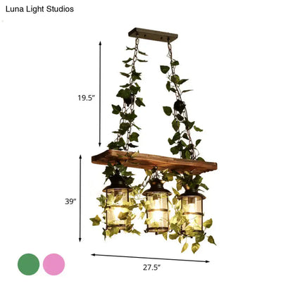 Wooden ivy ceiling light by Decorbites, flush mount with rustic wood bar and three lanterns on Tampa Home & Garden Store
