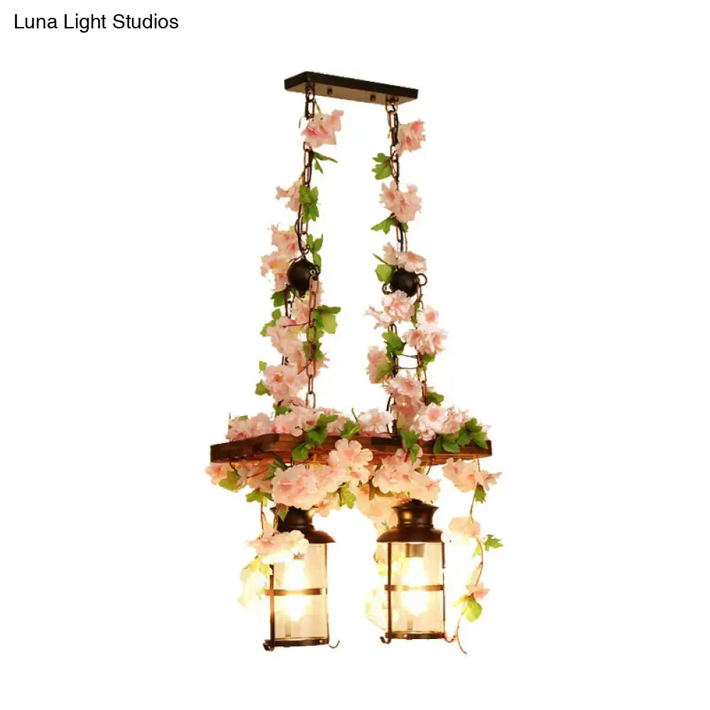 Wooden Ivy Ceiling Light flush mount with two lanterns and pink floral vines by Decorbites on Tampa Home & Garden Store