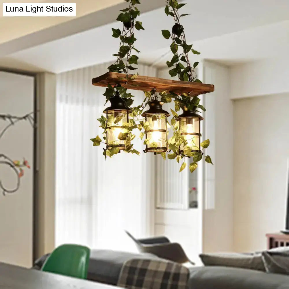 Wooden Ivy Ceiling Light flush mount with three lantern glass shades and ivy accents on Tampa Home & Garden Store