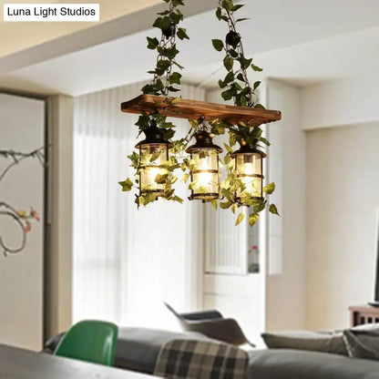 Wooden Ivy Ceiling Light flush mount with three lantern glass shades and ivy accents on Tampa Home & Garden Store