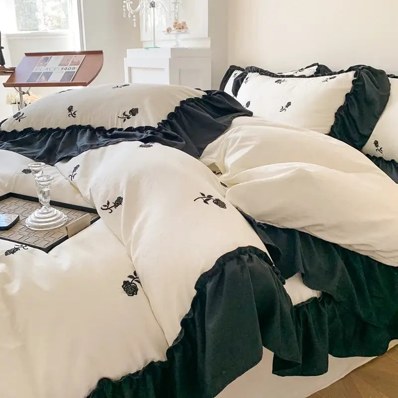 Princess white rose embroidered duvet cover set with black ruffled edges by Decorbites on Tampa Home & Garden Store