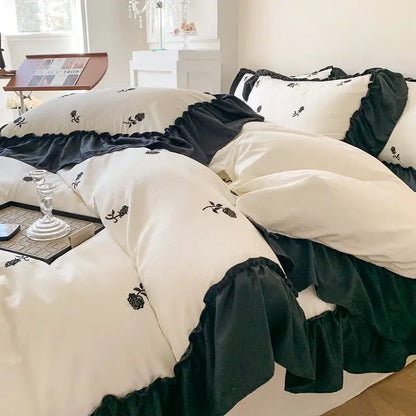Princess white rose embroidered duvet cover set with black ruffled edges by Decorbites on Tampa Home & Garden Store