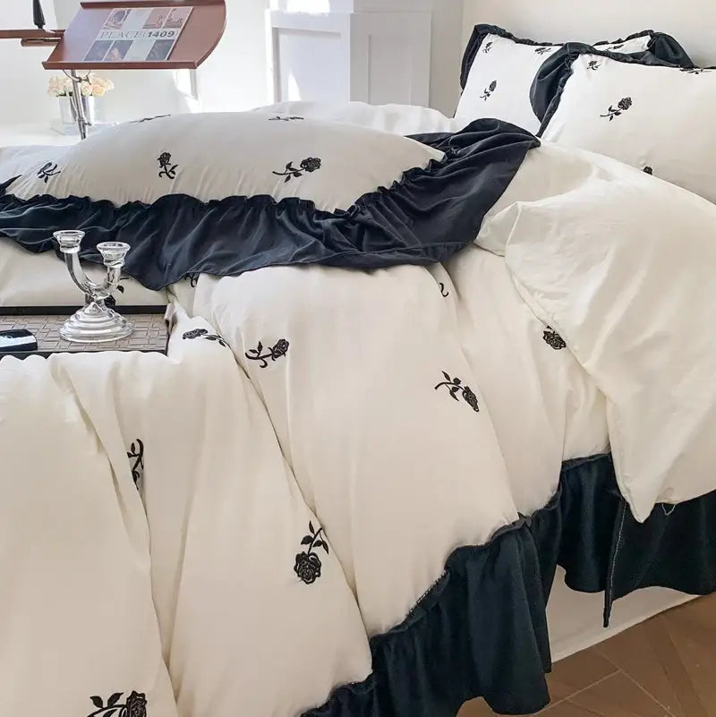 Princess white rose embroidered duvet cover set with black ruffled edges by Decorbites on Tampa Home & Garden Store