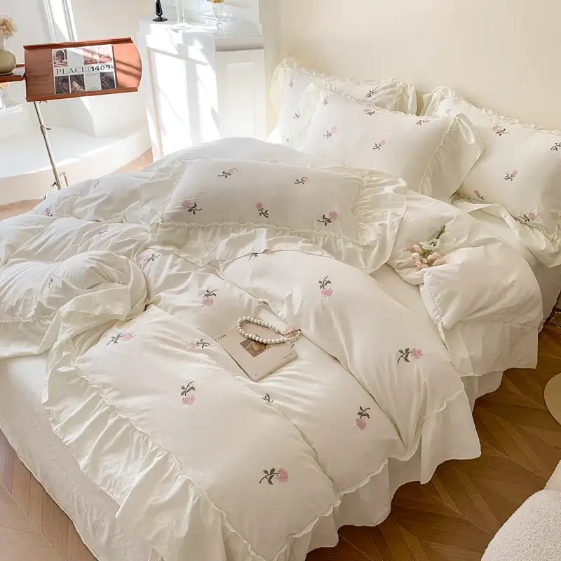 Princess white rose embroidered duvet cover set with ruffled edges by Decorbites on Tampa Home & Garden Store