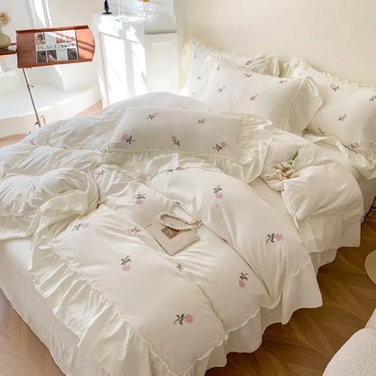 Princess white rose embroidered duvet cover set with ruffled edges by Decorbites on Tampa Home & Garden Store