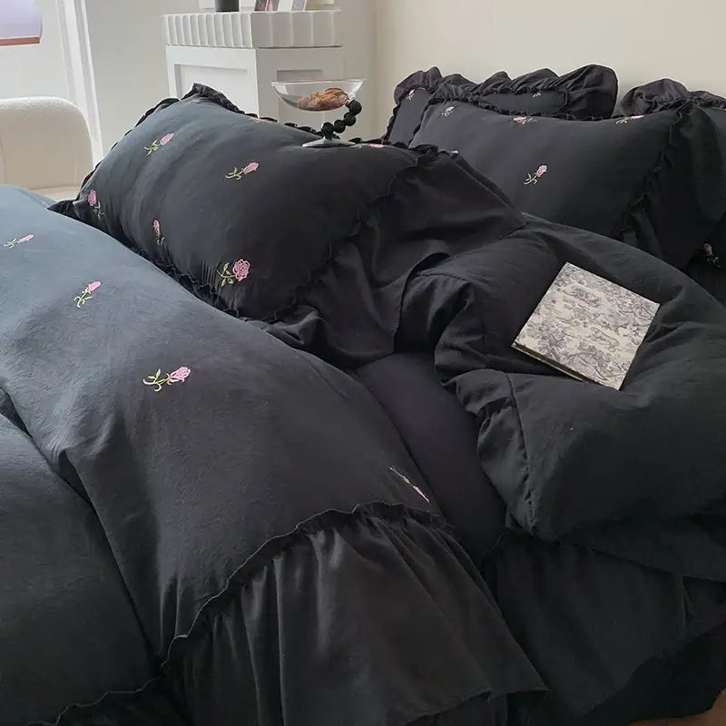 Decorbites black floral duvet set with pink embroidery and ruffled edges on Tampa Home & Garden Store