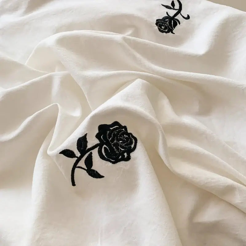 White Ruffled Duvet Set by Decorbites with black rose embroidery duvet cover on Tampa Home & Garden Store