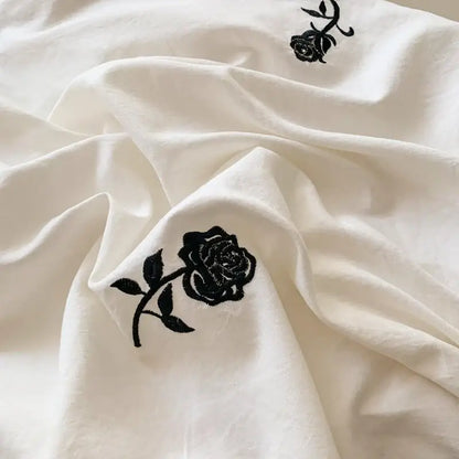 White Ruffled Duvet Set by Decorbites with black rose embroidery duvet cover on Tampa Home & Garden Store