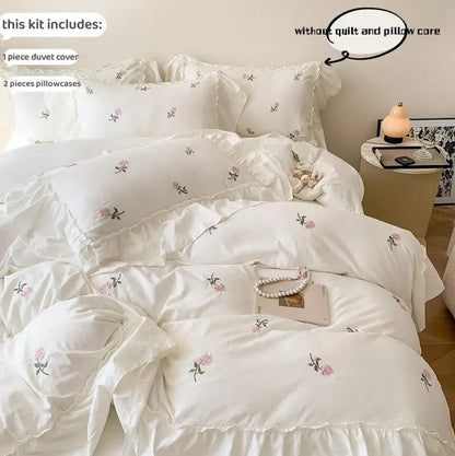 White Ruffled Duvet Set and Rose Embroidery