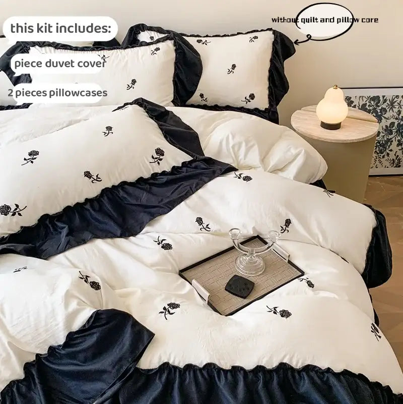Decorbites white ruffled duvet set with black trim includes duvet cover and 2 pillowcases on Tampa Home & Garden Store