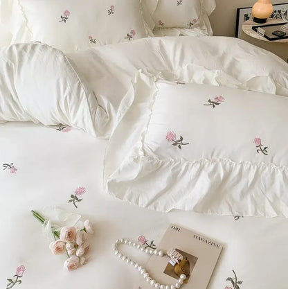 White ruffled duvet set with pink rose embroidery, Decorbites duvet cover with pillow shams on Tampa Home & Garden Store