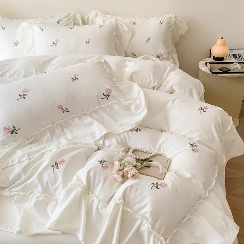 White ruffled duvet set by Decorbites with pink rose embroidery, duvet cover set on Tampa Home & Garden Store