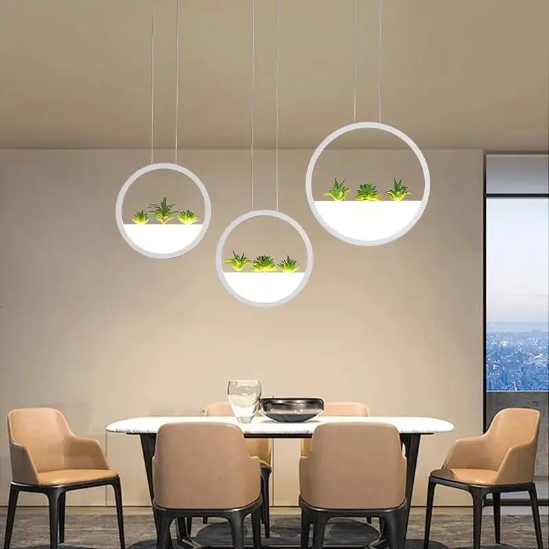 Modern round planter pendant light trio with white rings and small greenery by Decorbites on Tampa Home & Garden Store