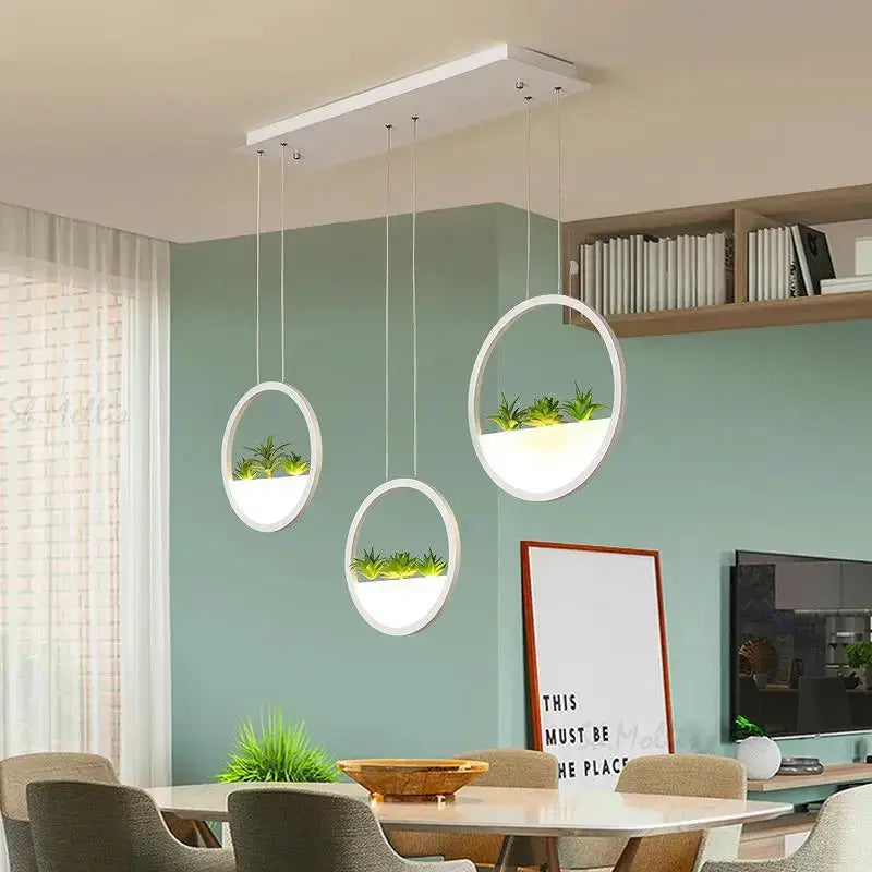 Modern white round planter LED chandelier pendant lights by Decorbites, dining room set of 3 on Tampa Home & Garden Store