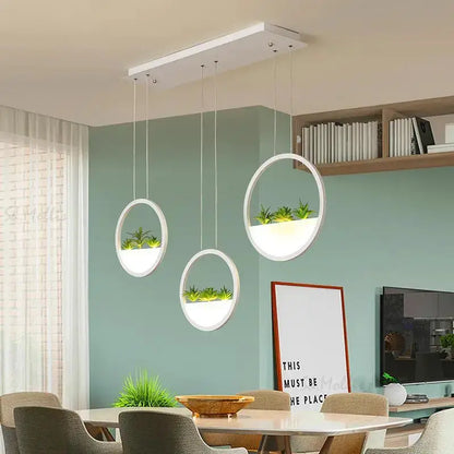 Modern white round planter LED chandelier pendant lights by Decorbites, dining room set of 3 on Tampa Home & Garden Store